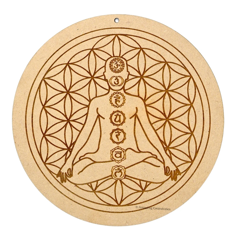 Wooden Crystal Grid Sacred Geometry - Flower of Life Buddha (6 Inch)