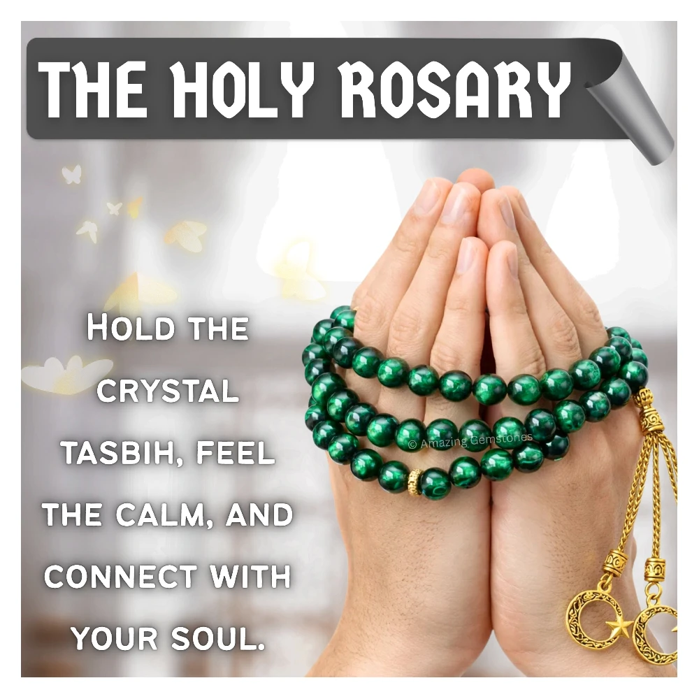 Green Tiger Eye Crystal Tasbeeh Sibha Prayer Beads (Gold)