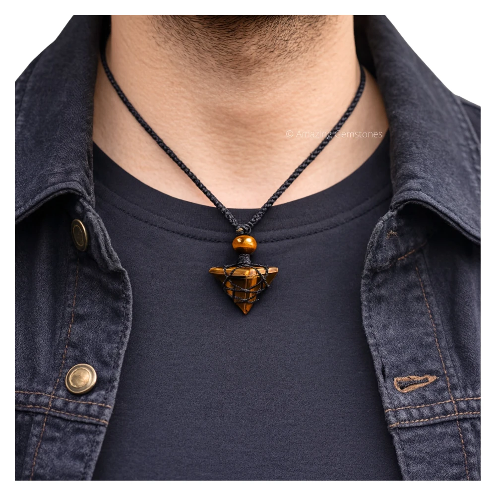 Tiger Eye Pyramid Pendant Necklace (Macrame)
