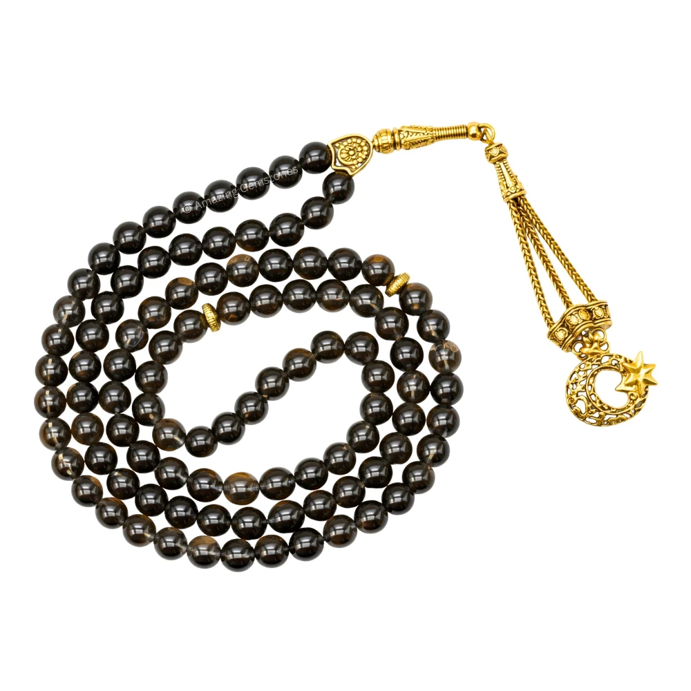 Smoky Quartz Crystal Tasbeeh Sibha Prayer Beads (Gold)