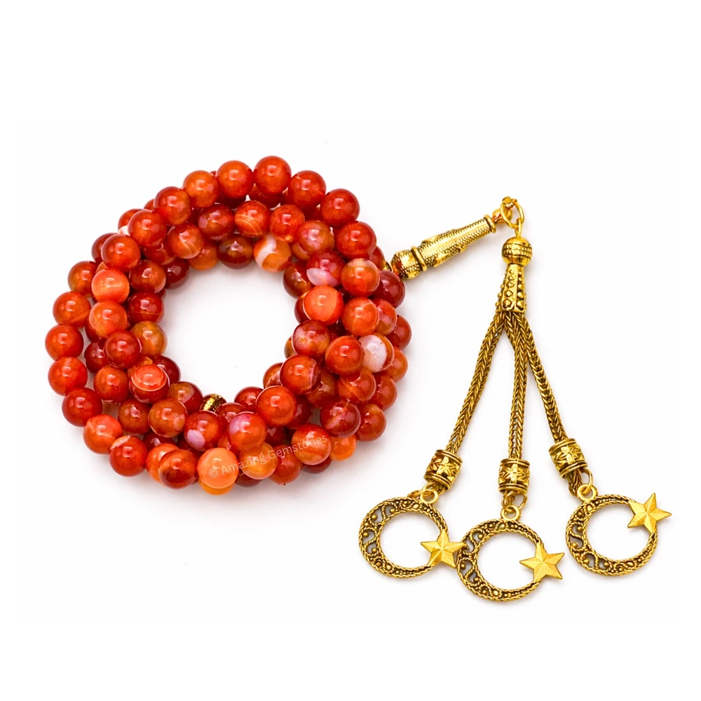 Red Banded Agate Crystal Tasbeeh Sibha Prayer Beads (Gold)