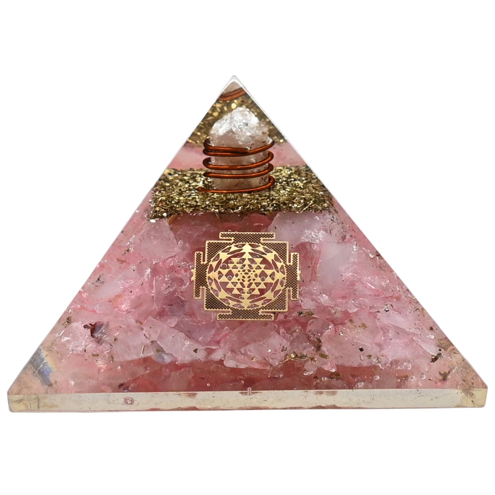 Rose Quartz Orgone Pyramid - Sri Yantra