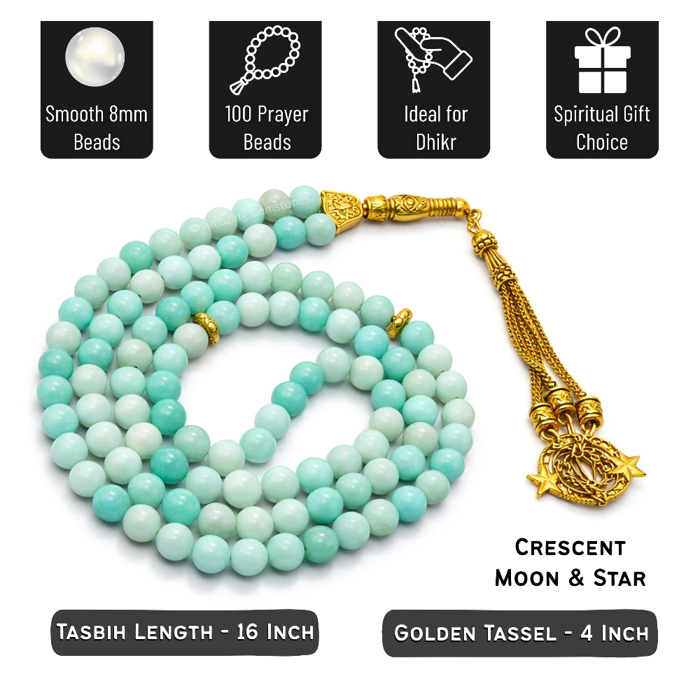 Amazonite Crystal Tasbeeh Sibha Prayer Beads (Gold)