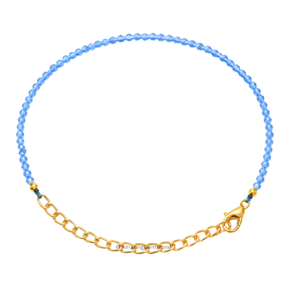 Blue Chalcedony Crystal Bracelet - 2mm Faceted Bead (Gold)