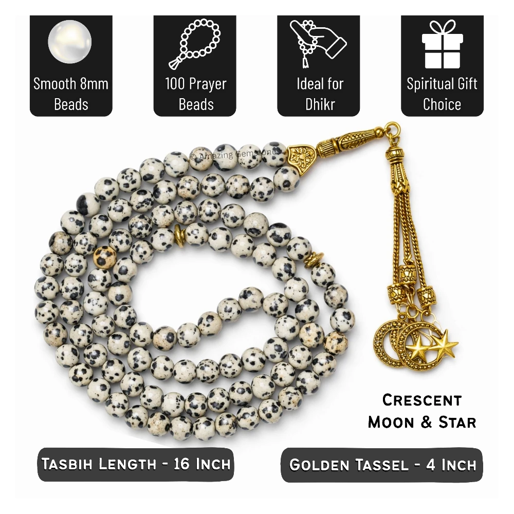 Dalmatian Jasper Crystal Tasbeeh Sibha Prayer Beads (Gold)
