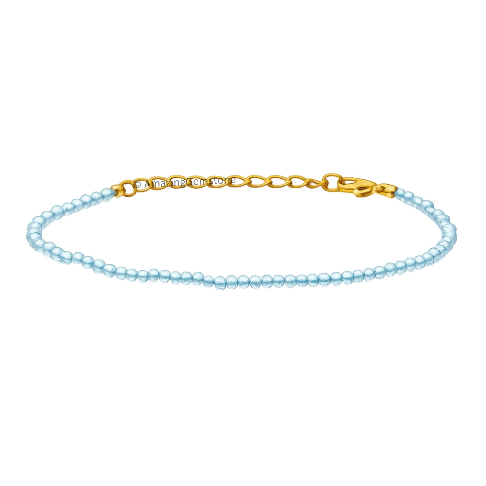 Aqua Chalcedony Crystal Bracelet - 2mm Faceted Bead (Gold)