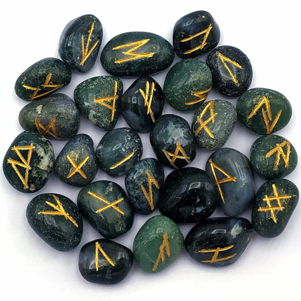 Moss Agate Rune Stones Set
