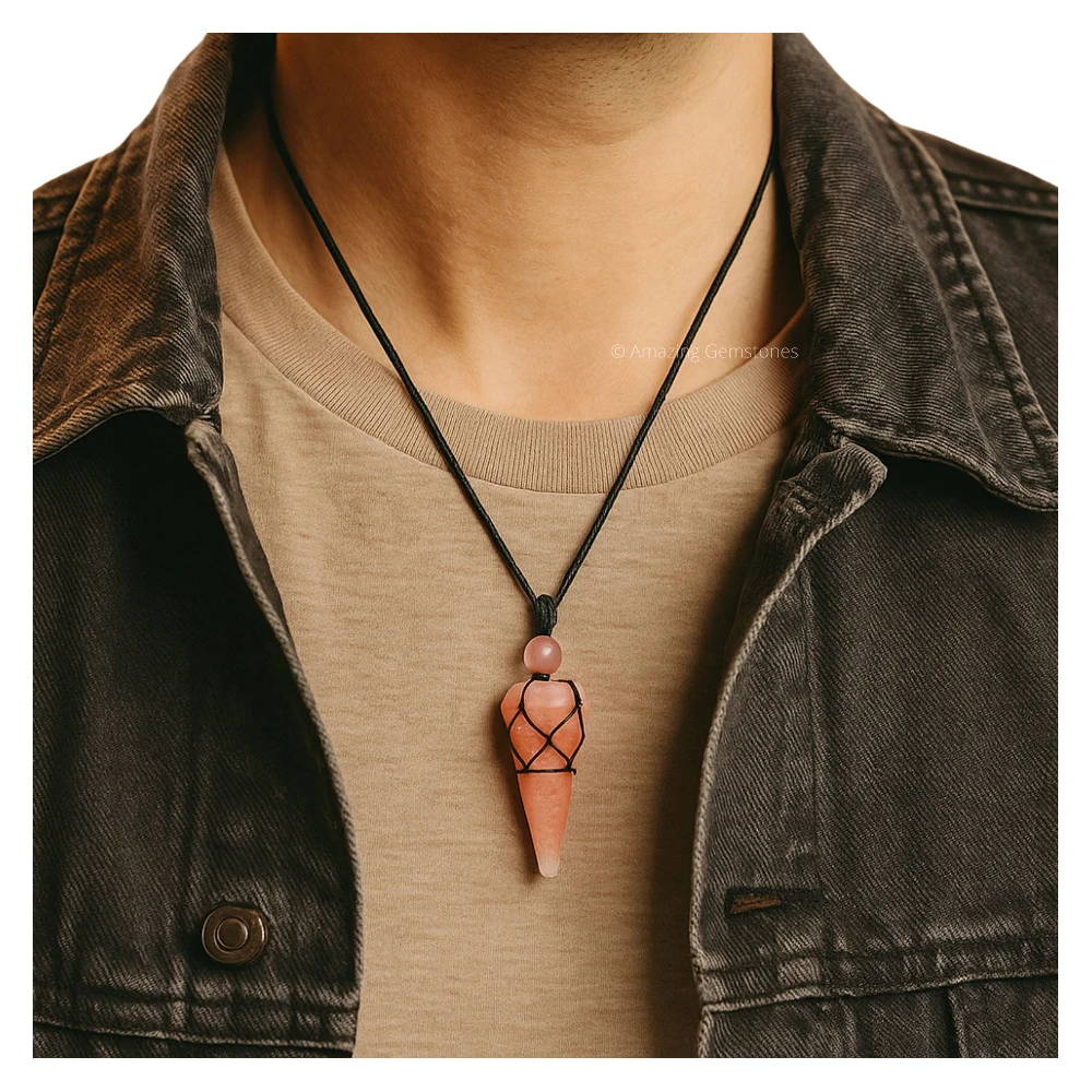Strawberry Quartz Pendulum Pendant Necklace (Macrame)