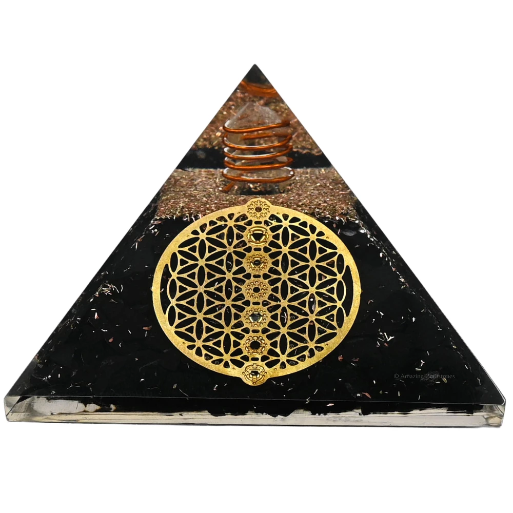Black Tourmaline Orgone Pyramid - Chakra Flower of Life