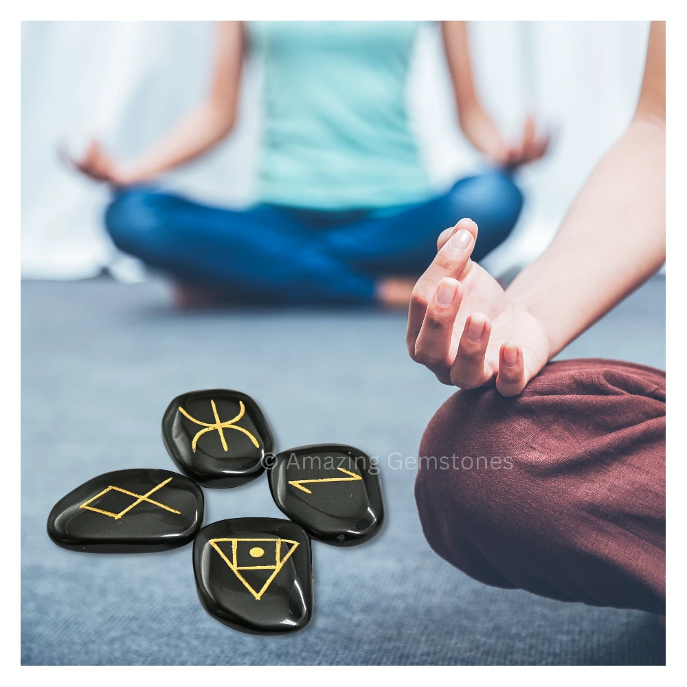 Black Agate Lifestyle Symbol Engraved Stones (Set of 4)