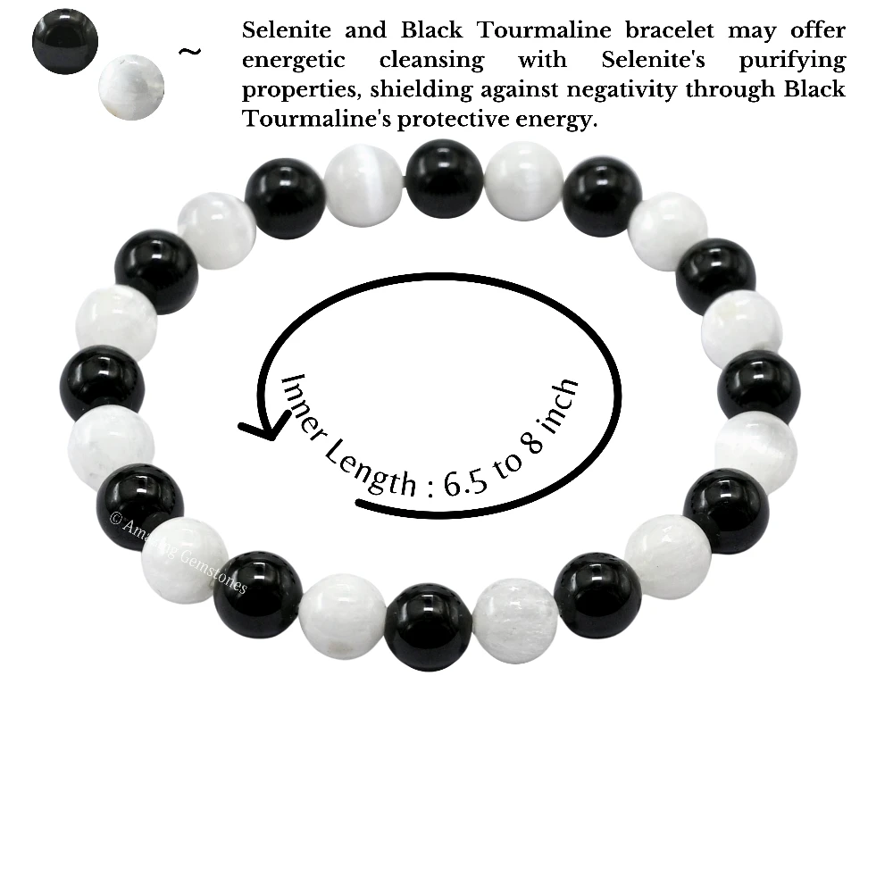 Black Tourmaline Selenite Bracelet 1 by 1(Strechable)
