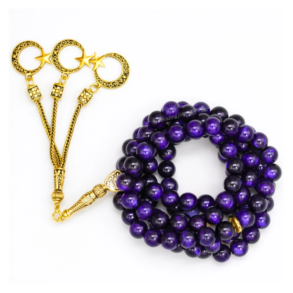 Purple Tiger Eye Crystal Tasbeeh Sibha Prayer Beads (Gold)