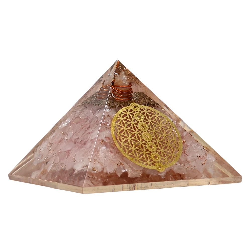 Rose Quartz Orgone Pyramid - Chakra Flower of Life