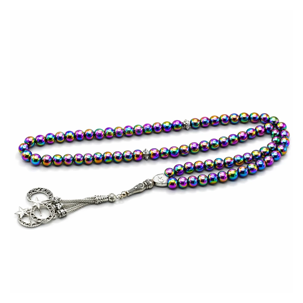 Rainbow Hematite Crystal Tasbeeh Sibha Prayer Beads (Silver)