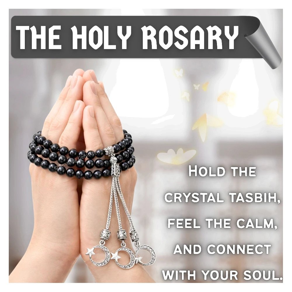 Black Obsidian Crystal Tasbeeh Sibha Prayer Beads (Silver)