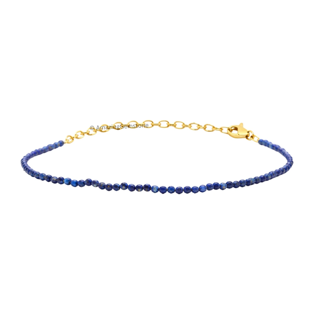Lapis Lazuli Crystal Bracelet - 2mm Faceted Bead (Gold)