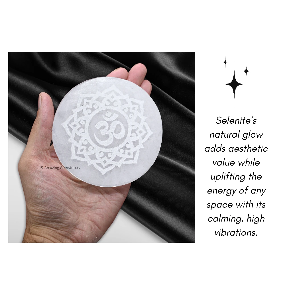 Selenite Charging Plate for Crystals - Om FOL (3 Inch)