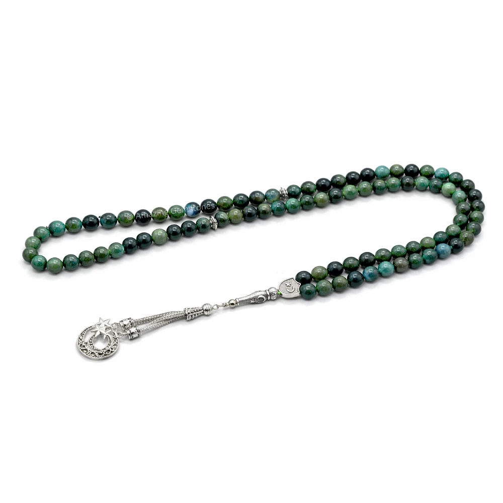 Moss Agate Crystal Tasbeeh Sibha Prayer Beads (Silver)
