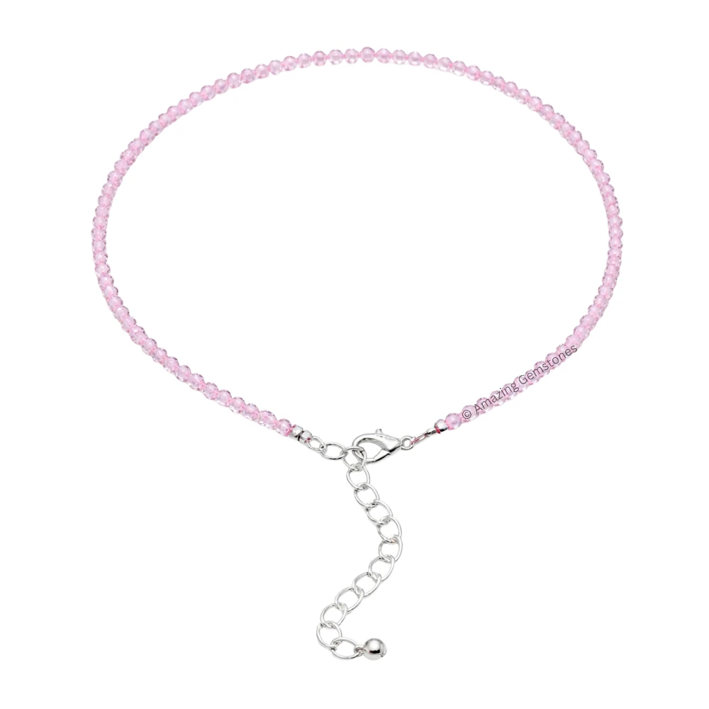 Rose Quartz Crystal Anklet - 2mm Faceted Bead (Silver)