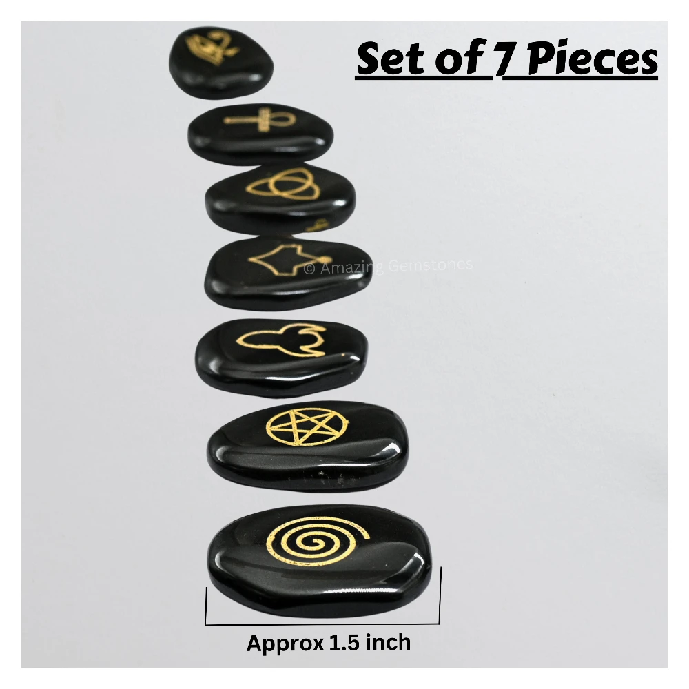 Black Agate Pentagram Reiki Pagan Stones (Set of 7)