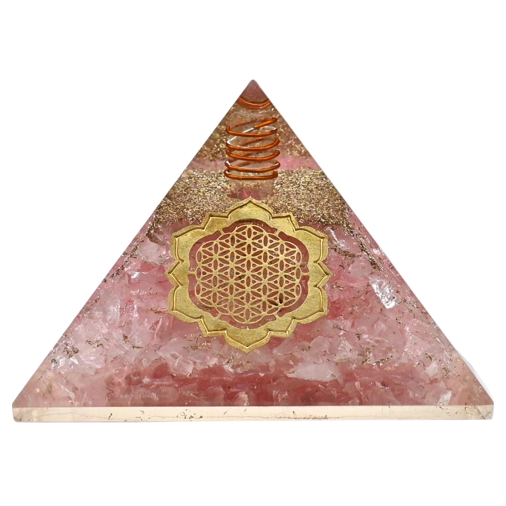 Rose Quartz Orgone Pyramid - Lotus Flower of Life