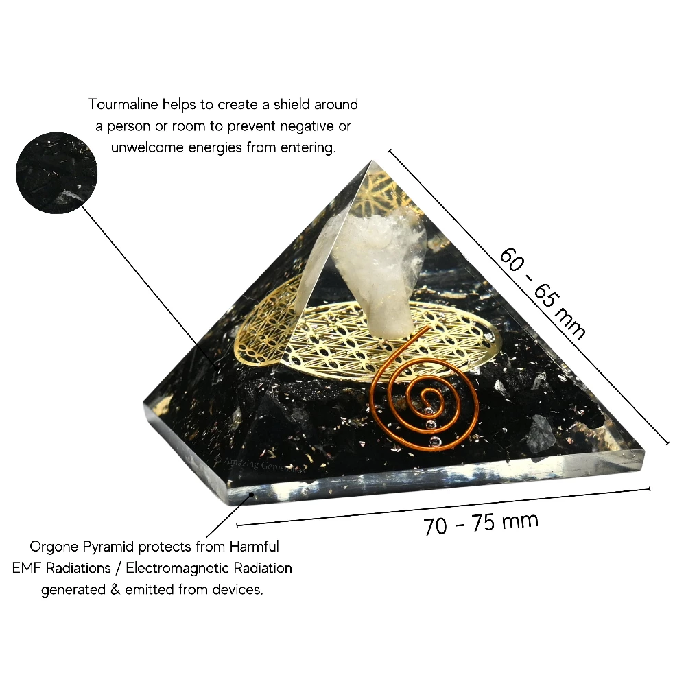 Black Tourmaline Orgone Pyramid - Flower of Life with Angel