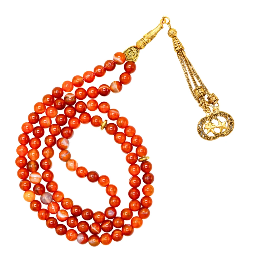 Red Banded Agate Crystal Tasbeeh Sibha Prayer Beads (Gold)