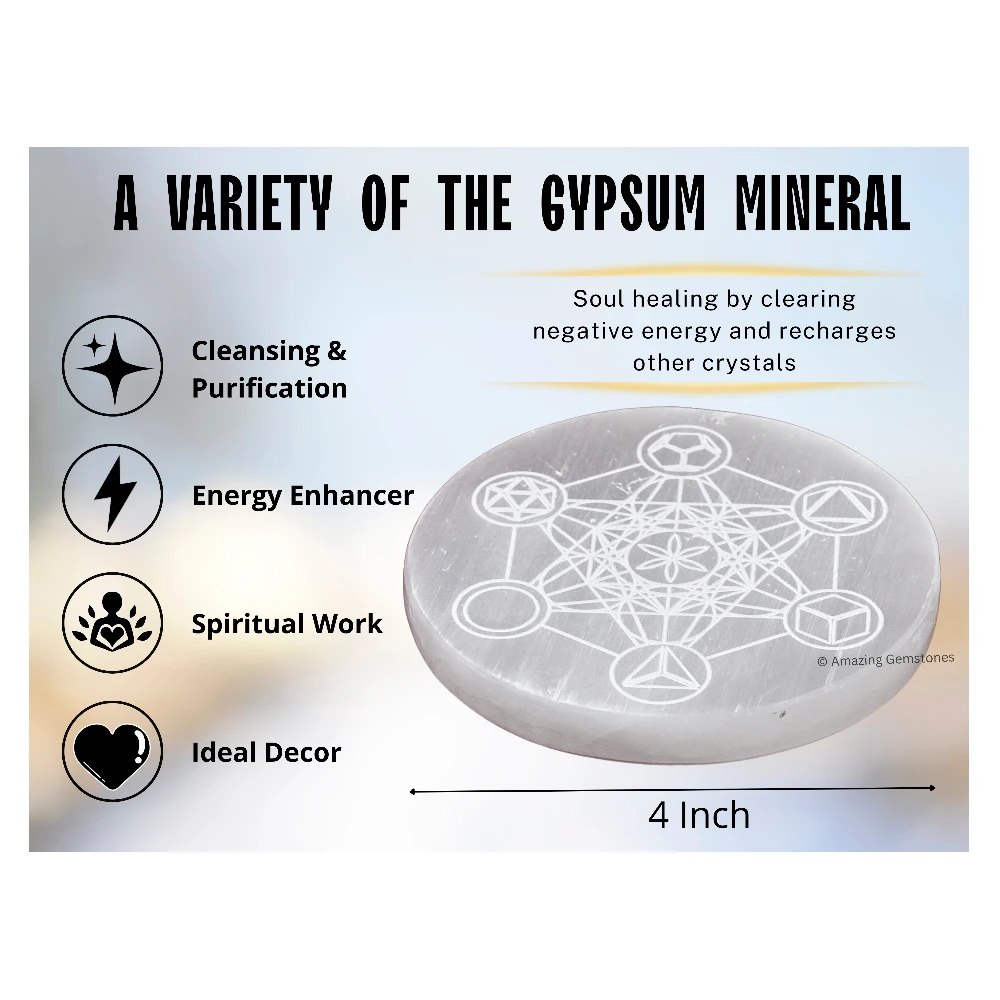 Selenite Charging Plate for Crystals - Metatron Cube with Platonic Solid (4 Inch)