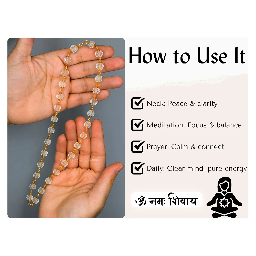 Crystal Quartz Sphatik Mala Necklace (Gold Chain - Faceted)