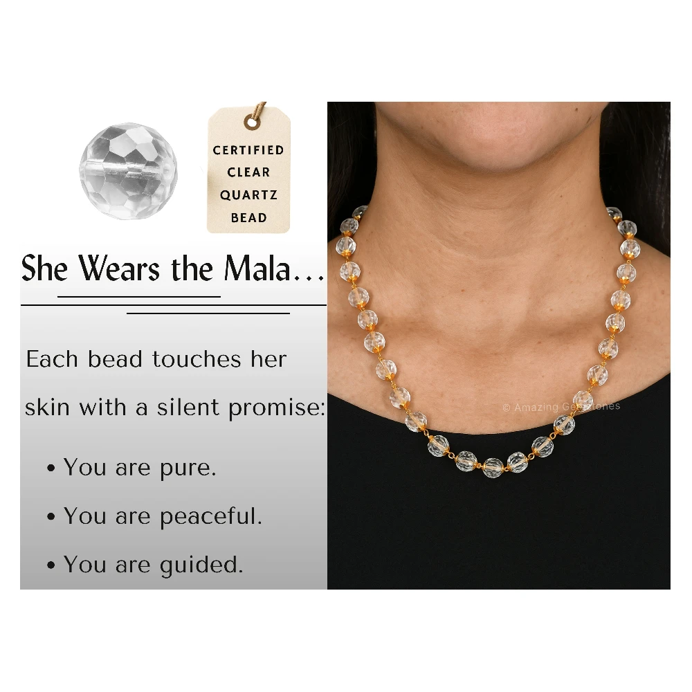 Crystal Quartz Sphatik Mala Necklace (Gold Chain - Faceted)