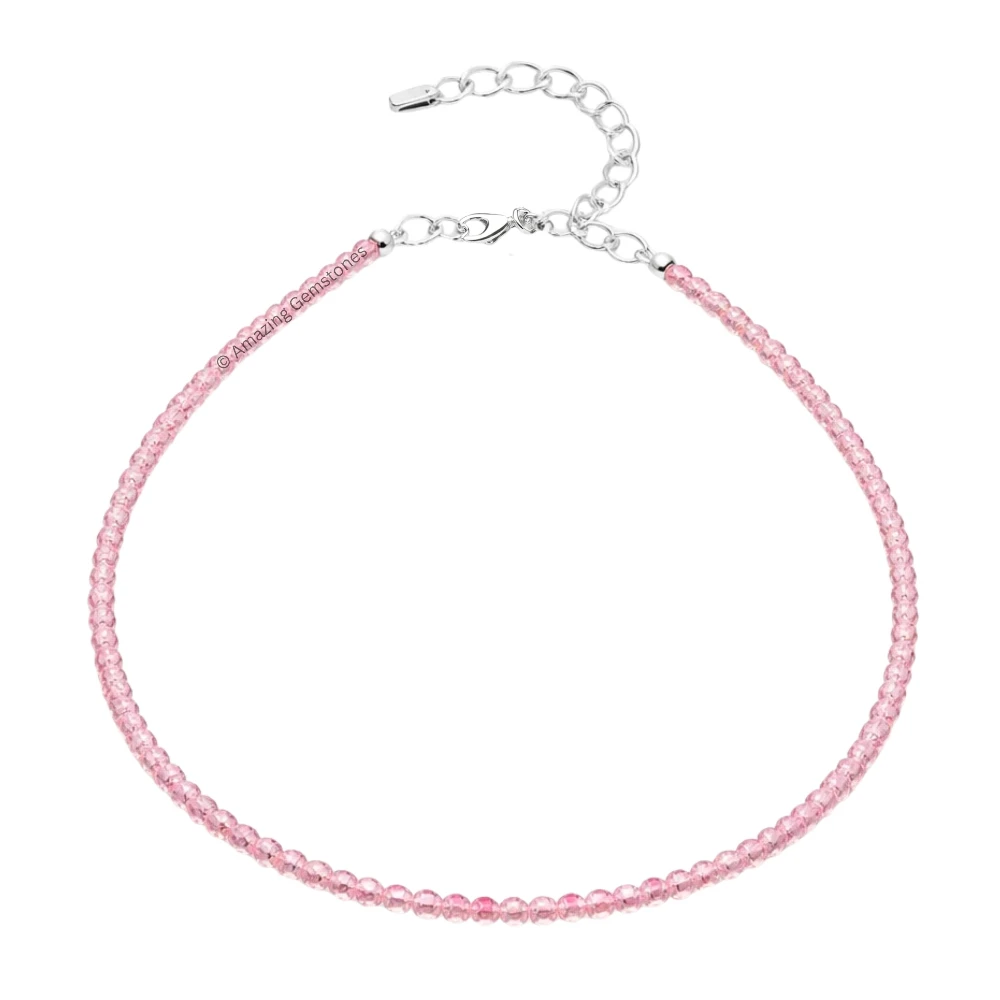 Pink Strawberry Crystal Anklet - 2mm Faceted Bead (Silver)
