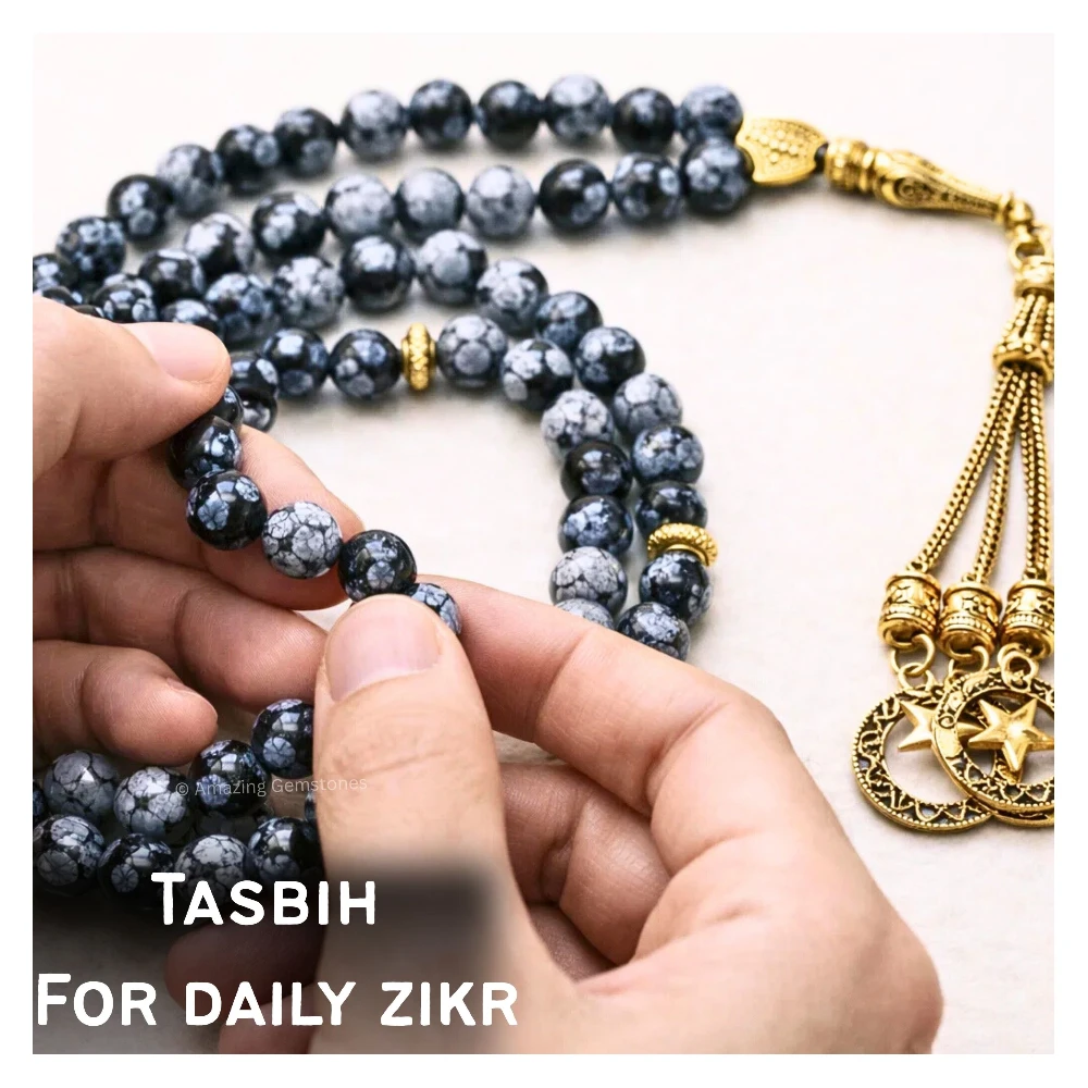 Snowflake Obsidian Crystal Tasbeeh Sibha Prayer Beads (Gold)