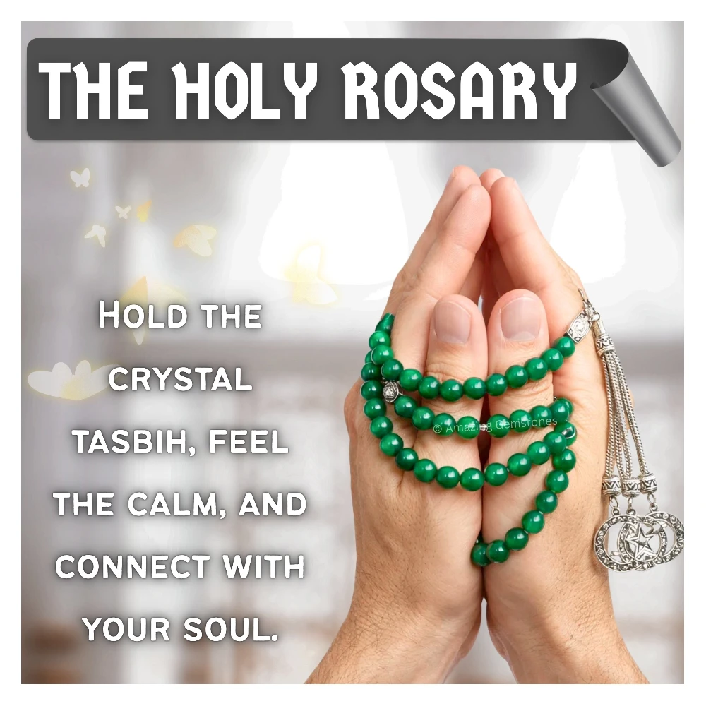 Green Jade Crystal Tasbeeh Sibha Prayer Beads (Silver)