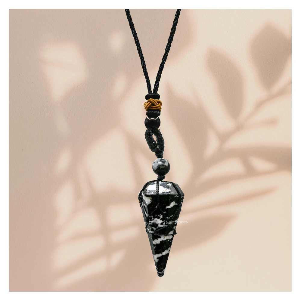 Black White Tourmaline Pendulum Pendant Necklace (Macrame)