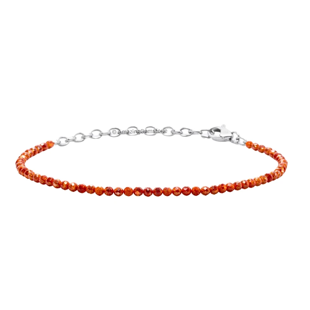 Red Goldstone Crystal Bracelet - 2mm Faceted Bead (Silver)