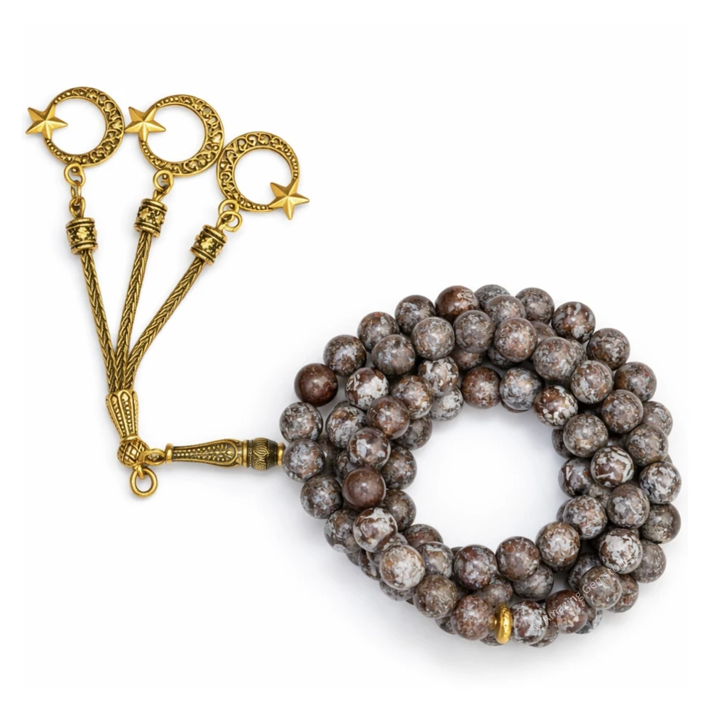 Brown Snowflake Obsidian Crystal Tasbeeh Sibha Prayer Beads (Gold)