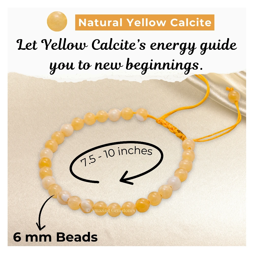 Yellow Calcite Healing Crystal Bracelets - 6mm Beads (Adjustable)