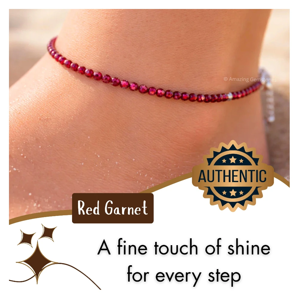 Red Garnet Crystal Anklet - 2mm Faceted Bead (Silver)