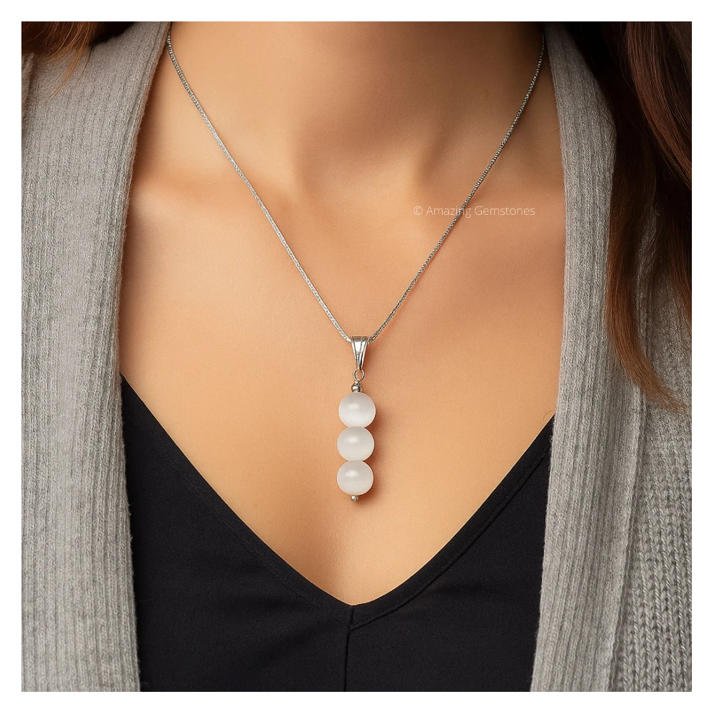 Selenite Bead Pendant (Silver)