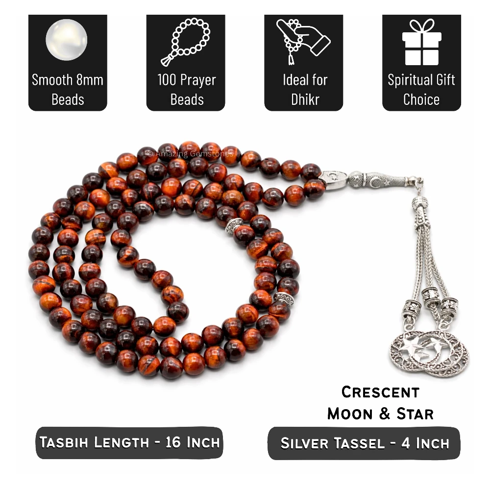 Red Tiger Eye Crystal Tasbeeh Sibha Prayer Beads (Silver)
