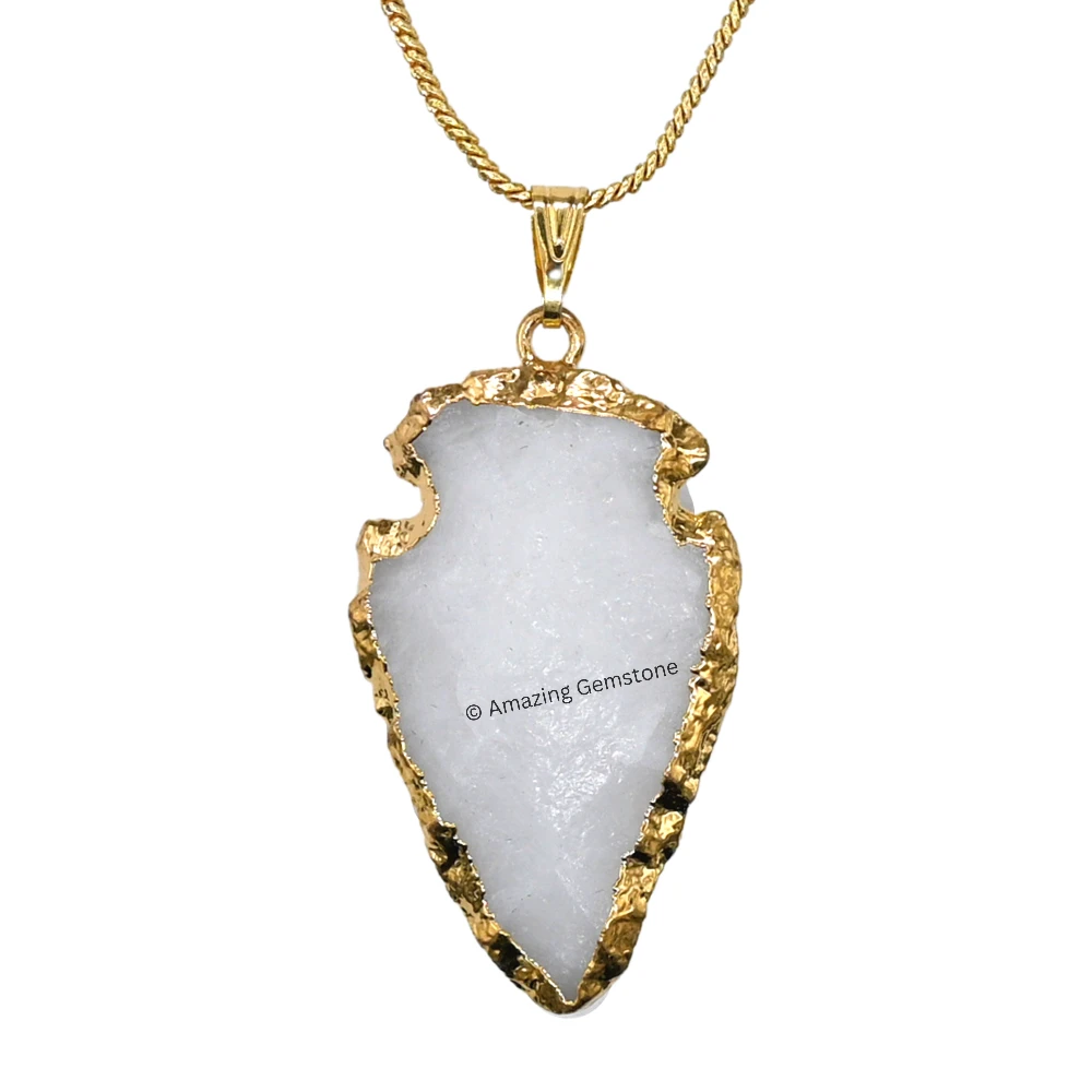 Snow Quartz Arrowhead Pendant - Gold Plated