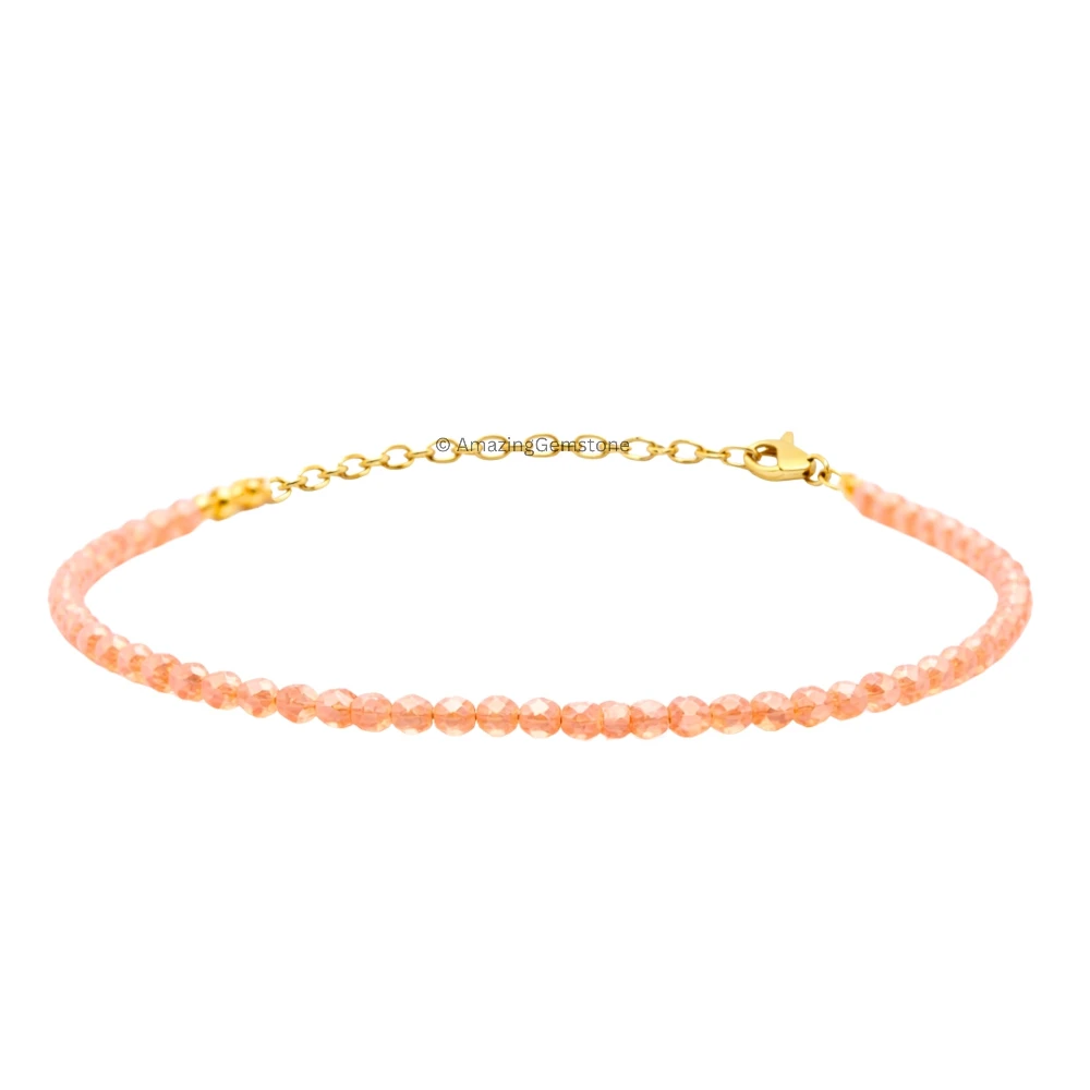 Peach Moonstone Crystal Bracelet - 2mm Faceted Bead (Gold)