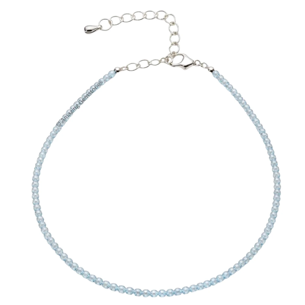 Aquamarine Crystal Anklet - 2mm Faceted Bead (Silver)