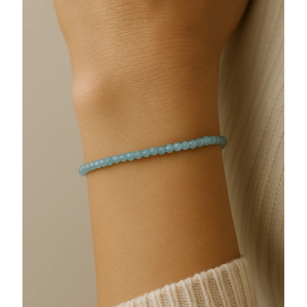 Aquamarine Crystal Bracelet - 2mm Faceted Bead (Gold)