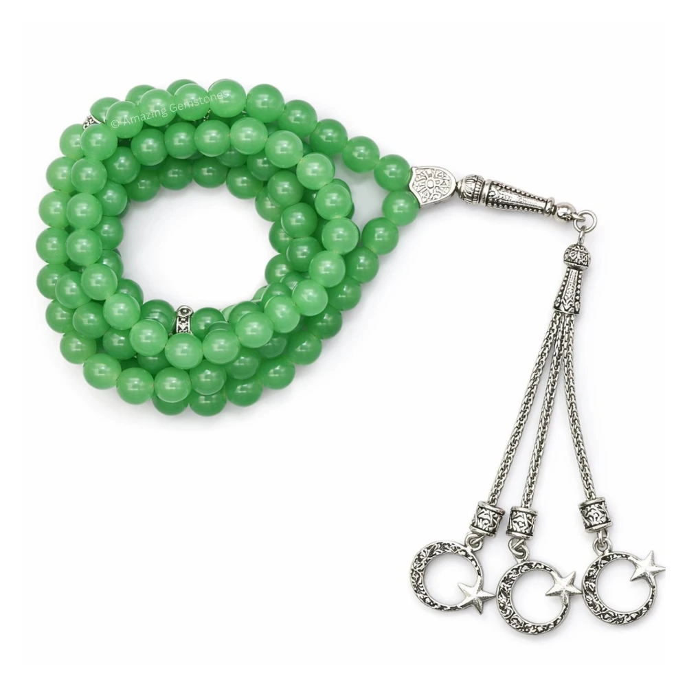 Green Aventurine Crystal Tasbeeh Sibha Prayer Beads (Silver)