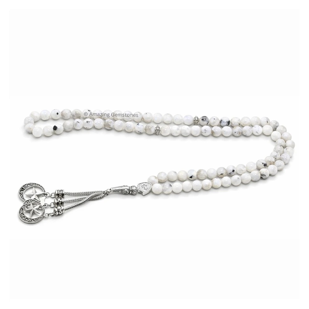 Rainbow Moonstone Crystal Tasbeeh Sibha Prayer Beads (Silver)