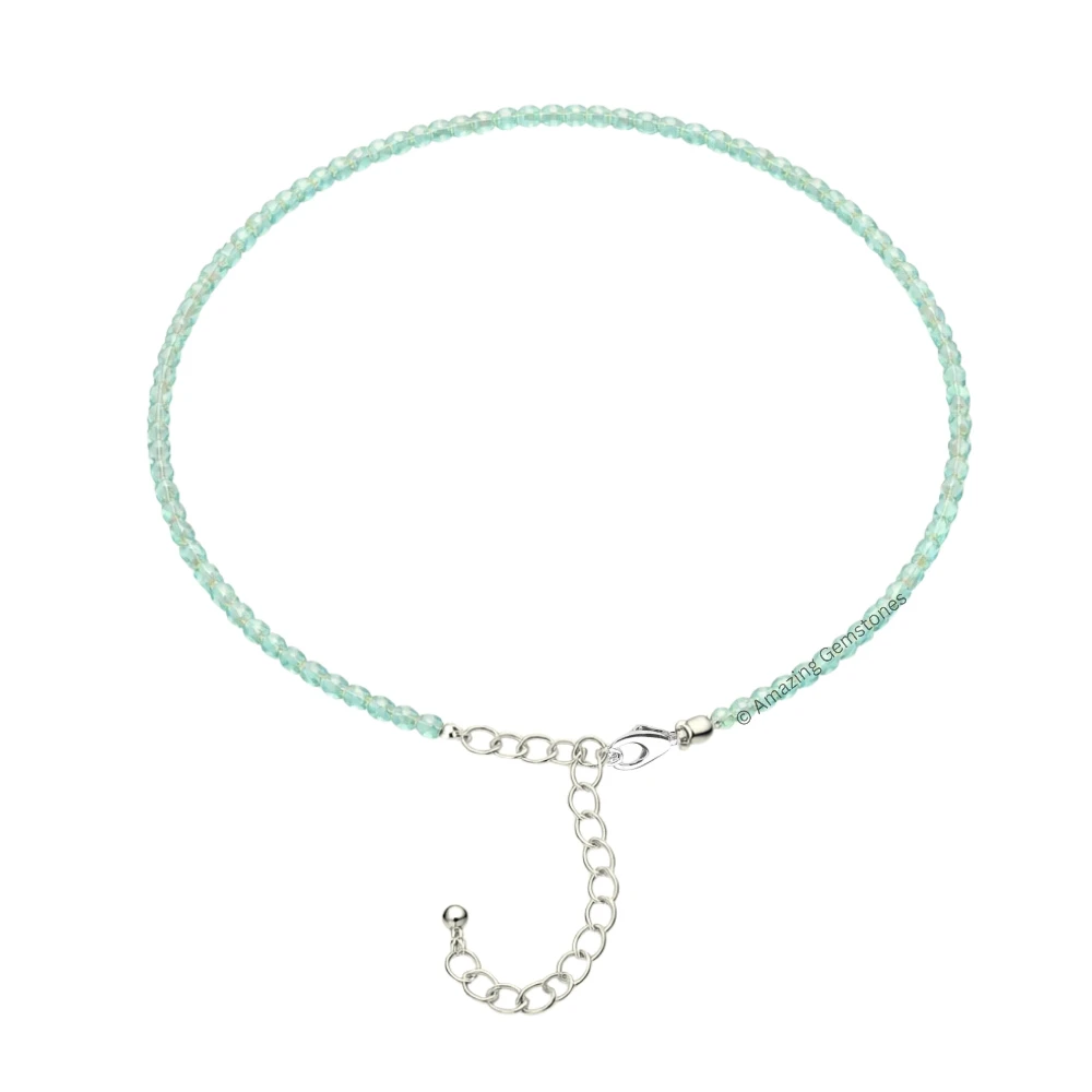 Aqua Chalcedony Crystal Anklet - 2mm Faceted Bead (Silver)