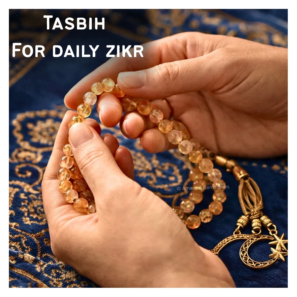 Natural Citrine Crystal Tasbeeh Sibha Prayer Beads (Gold)