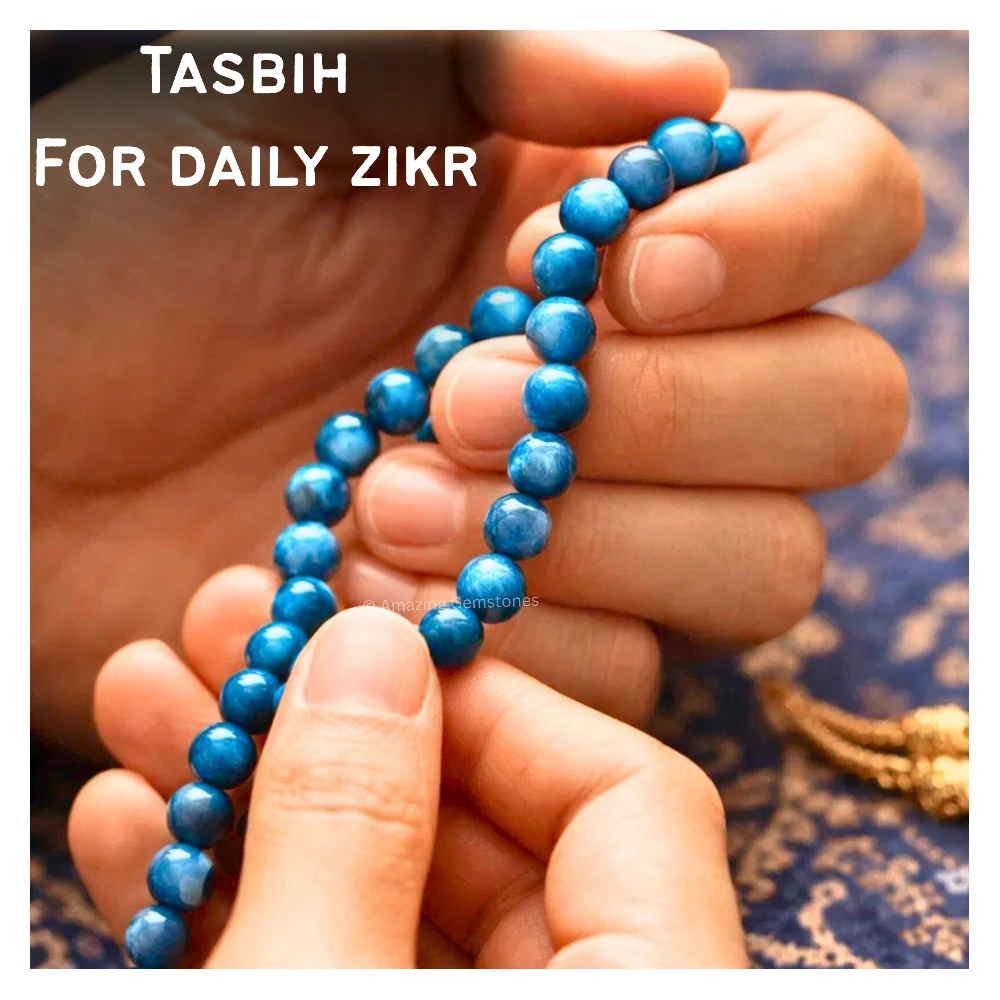 Light Blue Tiger Eye Crystal Tasbeeh Sibha Prayer Beads (Gold)