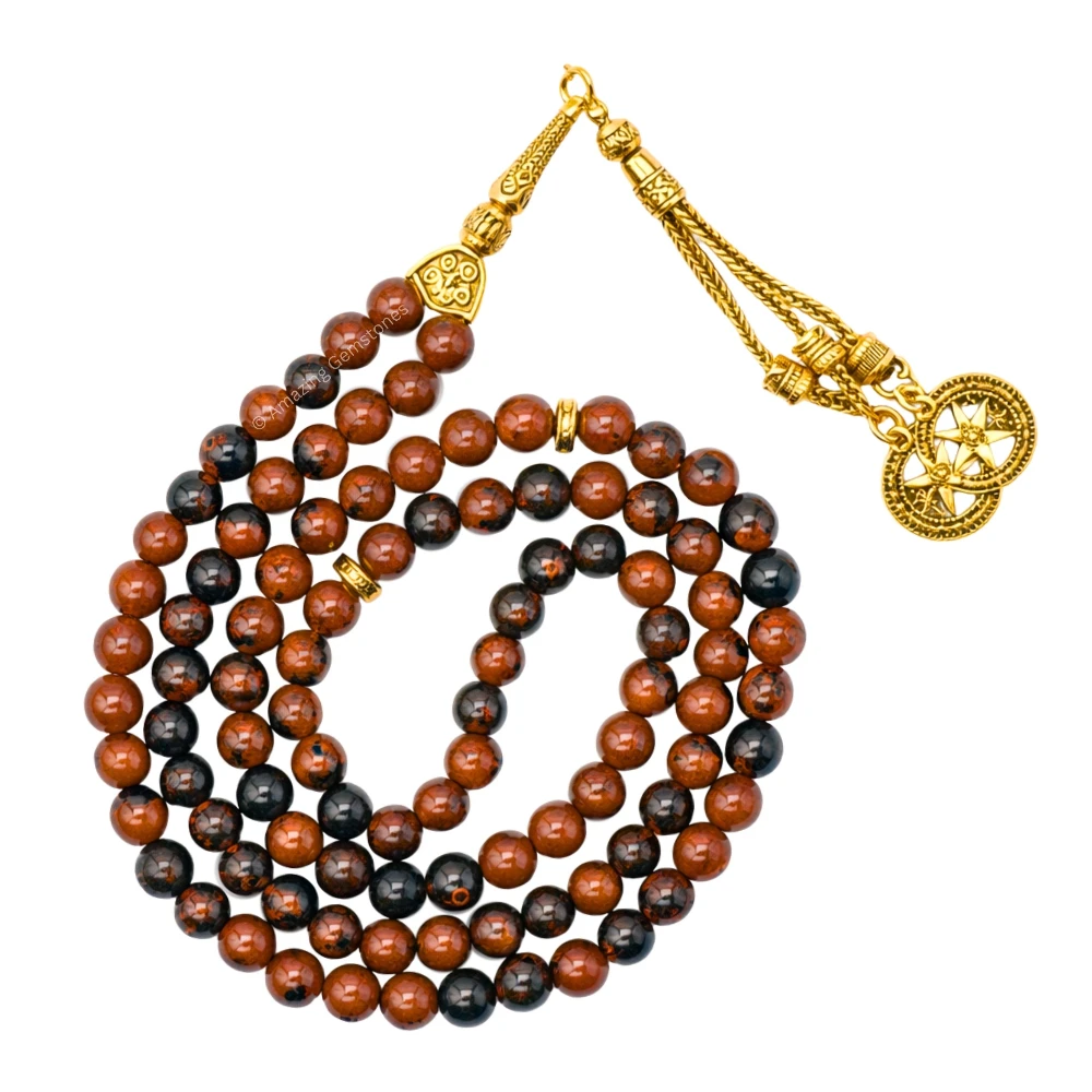 Mahogany Obsidian Crystal Tasbeeh Sibha Prayer Beads (Gold)